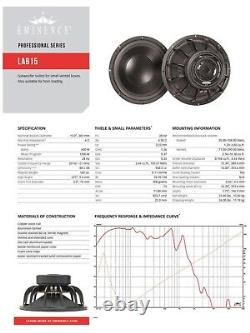Éminence Lab 15 Série Pro 1200 Watts Haut-parleur audio de voiture 15 Subwoofer Sub 6 Ohms